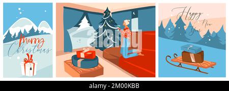 Handgezeichneter Vektor abstrakte Grafik Frohe Weihnachten und frohe Neujahrsbilder Grußkarte mit Happy female und Weihnachtsbaum. Merry Christmas niedlich Stock Vektor
