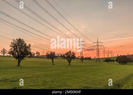 Hochspannungs-Strommasten und Stromleitungen auf einem Feld bei Sonnenuntergang. Stromerzeugung, Umweltfragen und Klimaschutzkonzept Stockfoto