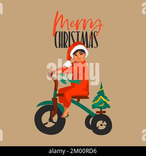 Von Hand gezeichneter Vektor abstrakte Grafik Frohe Weihnachten und frohe Neujahrsbilder Grußkarte mit einem kleinen Jungen Feier Weihnachten und Spiel mit dem Fahrrad Stock Vektor