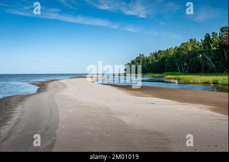 Gewundene Küste mit endlosen Zielen. Ufer der Ostsee an einem sonnigen Tag. Ruhnu Island, Estland. Stockfoto