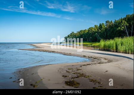 Gewundene Küste mit endlosen Zielen. Ufer der Ostsee an einem sonnigen Tag. Ruhnu Island, Estland. Stockfoto