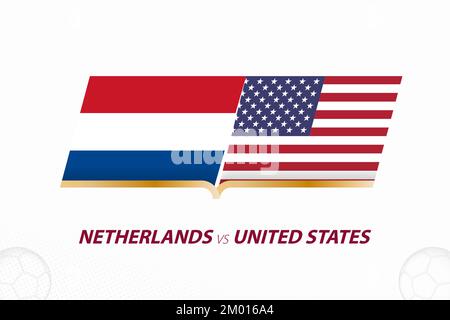 Niederlande gegen USA im Fußballwettbewerb, Runde 16. Im Vergleich zur Ikone im Fußball-Hintergrund. Sportvektorsymbol. Stock Vektor