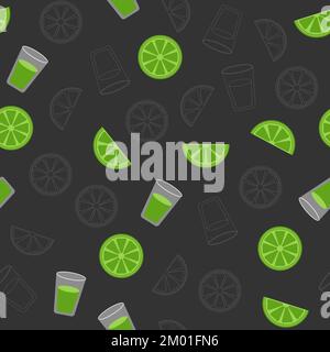 Farbiges nahtloses Vektormuster von Tequila-Shots mit ltme. Muster für Verpackung, Textil, Design Stock Vektor