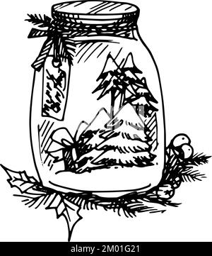 Illustration des künstlerischen Weihnachtslieblings. Glas mit Weihnachtsbaum. Weihnachtskarte mit Vintage-Design für das neue Jahr oder Einladung auf Weiß Stock Vektor