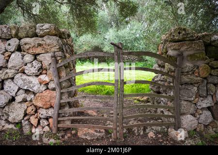 Typisches menorquinisches Holztor in einer trockenen Steinmauer, Menorca, Balearen, Spanien. Stockfoto