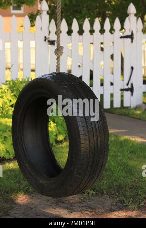 Typischer üblicher Reifenschaukel, der am Ast hängt. Stockfoto