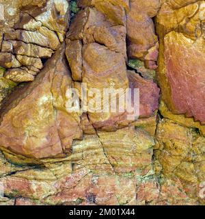 Geologie, zeigen einige der bunten Felsen am Church Bay Beach an der nördlichen Westküste auf Isle of Anglesey North Wales UK Stockfoto