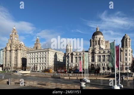 Die Three Graces am Hafen von Liverpool. Stockfoto