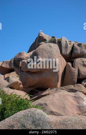 Monolithische Blöcke aus rosafarbenem Granit in den Cotes d'Armor in der Bretagne, Frankreich. Rosafarbene Granitküste Stockfoto