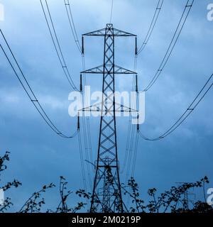 Nahaufnahme des Pylons mit bedecktem Himmel Großbritannien Stockfoto