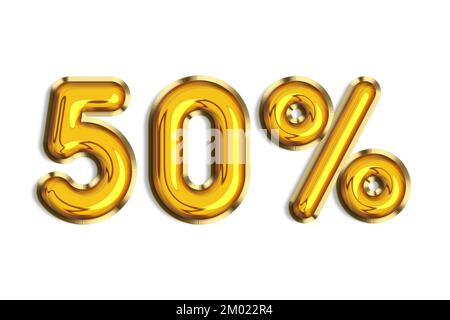 50 % Rabatt auf realistische 3D-Heliumballons in Gold. Abbildung: Goldene Prozentsymbole für Poster, Banner, Anzeigen. Nr. Stockfoto