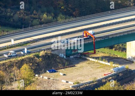 Luftbild, Baustelle Brückenprüfung Talbrücke Brunsbecke der Autobahn A45, Dahl, Hagen, Ruhrgebiet, Nordrhein-Westfalen, Deutschland, Autobahnbrücke, B Stockfoto