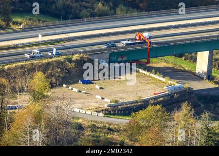 Luftbild, Baustelle Brückenprüfung Talbrücke Brunsbecke der Autobahn A45, Dahl, Hagen, Ruhrgebiet, Nordrhein-Westfalen, Deutschland, Autobahnbrücke, B Stockfoto