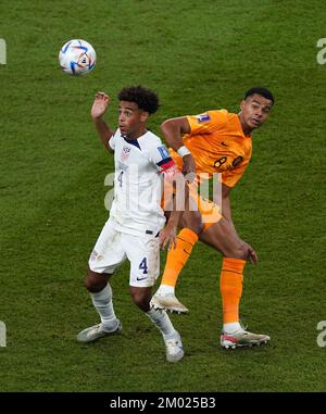 Tyler Adams (links) aus den USA und Cody Gakpo aus den Niederlanden kämpfen während des Spiels der FIFA-Weltmeisterschaft 16 im Khalifa International Stadium in Al Rayyan, Katar, um den Ball. Foto: Samstag, 3. Dezember 2022. Stockfoto