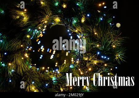 Frohe Weihnachten Text auf immergrünen Winterzweigen, die von Schnee mit Bokeh-Lichtern bedeckt sind. Stockfoto