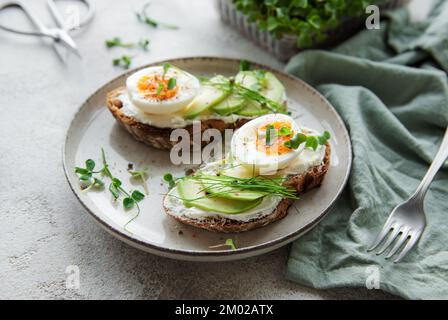 Brottoast, gekochte Eier, Avocado-Scheibe, Mikrogemüse auf einem Teller, Frühstückszeit Stockfoto