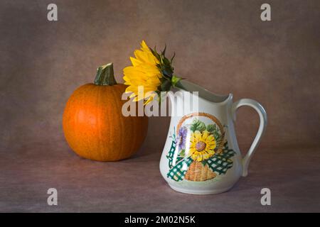 Eine einzelne Sonnenblume in einem Keramikewer oder picher, mit einem Zuckerkuchen Kürbis im Hintergrund. Stockfoto