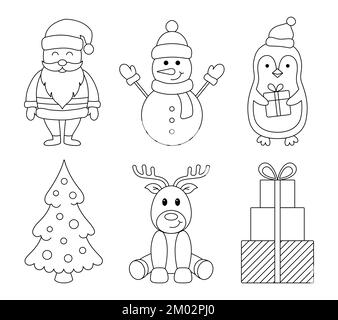 Set mit Weihnachtsfiguren, Symbolen und Dekorationselementen. Weihnachtsmann, Schneemann, Rentier, Pinguin, Baum, Geschenkschachteln. Vektordarstellung Stock Vektor