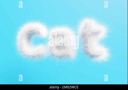 3D-Rendern. Schriftzug Katze aus weißer Wolle auf blauem Hintergrund. Stockfoto