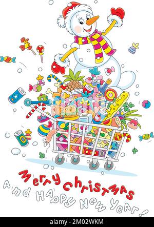 Frohe Weihnachten und frohe Neujahrskarte mit einem lustigen Schneemann, der auf einem Einkaufswagen voller leckerer Speisen, Getränke und Süßigkeiten fährt Stock Vektor