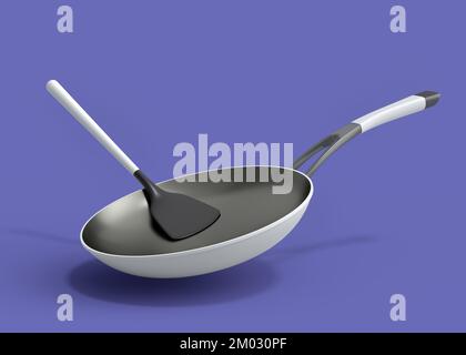 Bratpfanne mit Glasdeckel und fester Silikonwender auf violettem Hintergrund. 3D-Darstellung antihaftbeschichteter Küchenutensilien Stockfoto