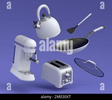 Espressomaschine, Handmixer, Wasserkocher und Toaster zur Zubereitung des Frühstücks auf violettem Hintergrund. 3D Rendering der Kaffeekanne für die Zubereitung von Latte-Kaffee Stockfoto