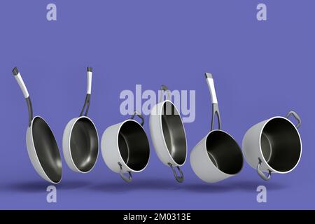 Set aus fliegendem Edelstahl-Stewpot, Bratpfanne und verchromtem Aluminium-Kochgeschirr auf violettem Hintergrund. 3D-Darstellung antihaftbeschichteter Küchenutensilien Stockfoto