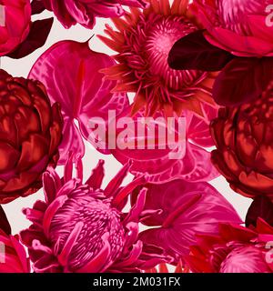 Nahtloses Protea-Muster. Viva Magenta Color Trendige Farbe 2023. Aquarell-realistische Blüten von protea und Anthurium. Hintergrund der Illustration. Stoff Stockfoto