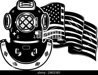 Helm auf us-Flagge im Hintergrund. Gestaltungselement für Poster, Karte, Banner, Design. Vektorgrafik Stock Vektor