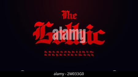 Gotische mittelalterliche Schrift. Kalligrafisches Alphabet im Vintage-Stil. Dunkle Handbuchstaben in Groß- und Kleinbuchstaben für Bier-Whiskey-Etiketten, Biker, Tätowierungen, Metallbänder Stock Vektor