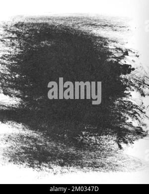 Schwarzer Pinsel streichelt Ölfarben auf weißem Papier. Isolierter weißer Hintergrund. Abstrakte Kunst kreativen Hintergrund. Platz für Text. Künstler Textur schmiert Linie gemalt Pinsel schwarz Acryl Nahaufnahme. Speicherplatz kopieren Stockfoto