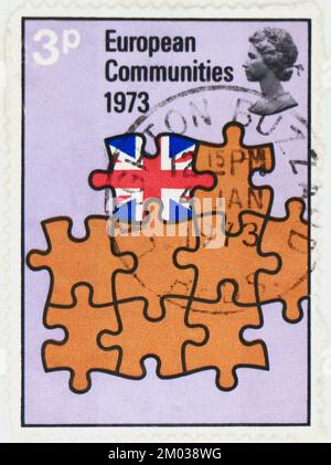 Foto einer britischen Briefmarke, britischer Eintrag in die EWG-Serie 1973 Stockfoto