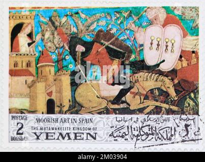 Foto einer Briefmarke von Jemen Moor Killing Knight maurische Kunst in der spanischen Serie 1967 Stockfoto