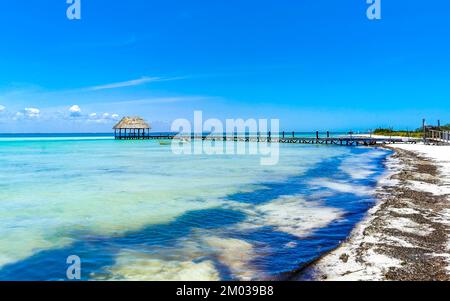 Panoramablick auf die wunderschöne Holbox Insel Punta Coco Lagune Sandbank und Strand mit Wellen türkisfarbenes Wasser und blauem Himmel im Quintana Roo Mexiko Stockfoto