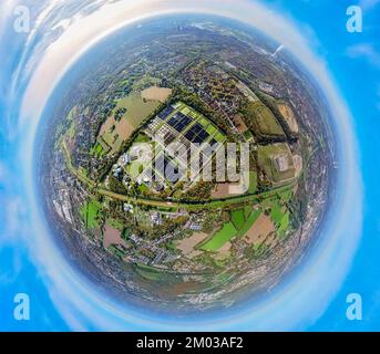 Luftaufnahme, Abwasseraufbereitungsanlage Emschermündung, Fischaugenfotografie, 360-Grad-Fotografie, Wehofen, Duisburg, Ruhrgebiet, Nordrhein-Westpha Stockfoto