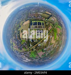 Luftaufnahme, Abwasseraufbereitungsanlage Emschermündung, Fischaugenfotografie, 360-Grad-Fotografie, Wehofen, Duisburg, Ruhrgebiet, Nordrhein-Westpha Stockfoto