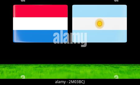 Nationalflaggen der Niederlande oder Holland und Argentinien als glänzende Karten, die über einem grünen Feld schweben. 3D-Rendern. Stockfoto