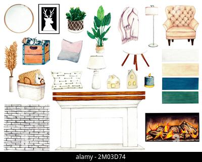 Aquarelle Darstellung der Innenelemente. Heim Dekoration Gegenstände Set handbemalt. Clipart (Clipart). Dekorelemente. Stockfoto