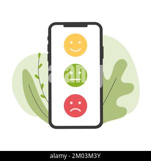 Skala für Feedback-Emotionen am Telefon. Bewertungen mit guten und schlechten Bewertungen. Feedback in Form von Emotionen. Flache Vektordarstellung Stock Vektor