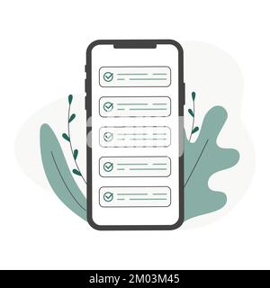 Mobiltelefon und Checkliste Vektordarstellung, flaches Cartoon-Smartphone mit Kontrollkästchen, Konzept der Umfrage, Online-Quiz, abgeschlossene Dinge oder erledigt Stock Vektor