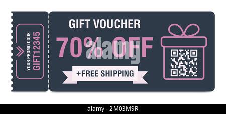 Rabattgutschein für 70 % Rabatt. Geschenkgutschein mit Prozentpunkten, qr-Code und Aktionscodes für Websites, Internetwerbung und soziale Medien. Vektor Stock Vektor