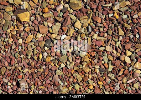Rote und grüne Argillitkiesel verwitterten sich von alten Felsen unter Wasser am Seeufer des Cameron Lake, Waterton Lakes National Park, Kanada. Stockfoto