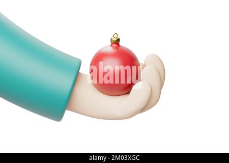 3D rotes weihnachtsspielzeug in der Hand. Abbildung für Neujahr 3D. Stockfoto