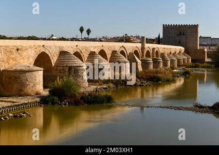 Blick auf die römische Brücke, eine Steinbrücke, die den Fluss Guadalquivir in Cordoba, Spanien, überspannt. Stockfoto