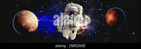 Astronaut-Raumfahrer, der für die Raumstation im Weltraum arbeitet. Elemente dieses Bildes, bereitgestellt von NASA-Weltraum-Astronauten-Fotos. Stockfoto