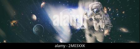Astronaut-Raumfahrer, der für die Raumstation im Weltraum arbeitet. Elemente dieses Bildes, bereitgestellt von NASA-Weltraum-Astronauten-Fotos. Stockfoto