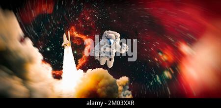 Astronaut-Raumfahrer, der für die Raumstation im Weltraum arbeitet. Elemente dieses Bildes, bereitgestellt von NASA-Weltraum-Astronauten-Fotos. Stockfoto
