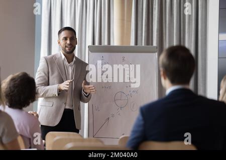 Männlicher Trainer im formellen Anzug hält Flipchart-Präsentation Stockfoto