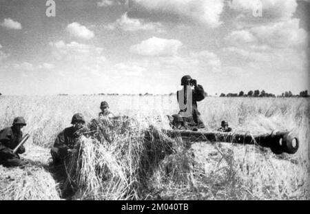 Deutsche Soldaten der 5. SS Panzer Division Wiking betreiben eine Panzerabwehrpistole Pak 75mm an der Ostfront 1944 Stockfoto