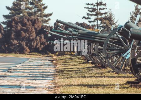 Sammlung alter alter Kanonen, die an einem sonnigen Tag in der kalemegdan-Festung in Belgrad ausgestellt werden. Stockfoto